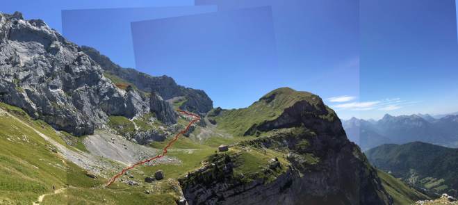 View across first terrace from above Col de l’Aulp. The chalet is closed. Montmin is in valley below.